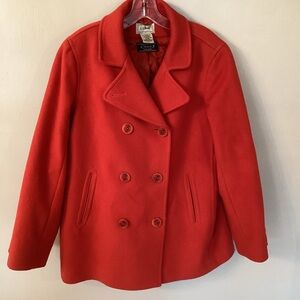 LL BEAN WOMENS SIZE 14 ORANGE RED CLASSIC LAMBSWOOL PEA COAT